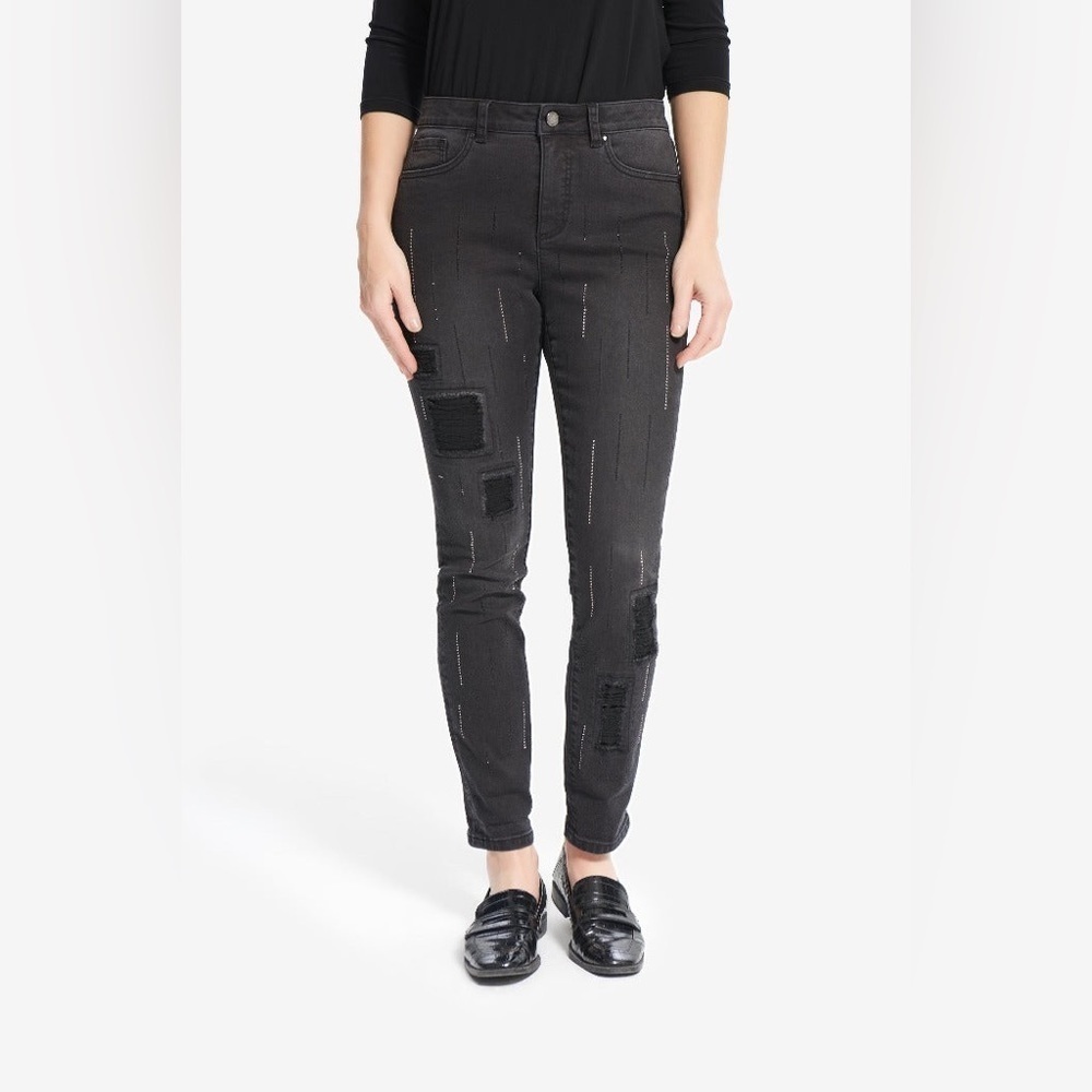 Joseph Ribkoff Black Grey Distressed Embellished Skinny Jeans Size 10
